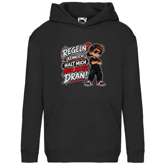 JA Regelbrecher – Kinder-Hoodie in Schwarz, Vorderansicht, Frontdruck: Cooler Kinderlook: „Regeln? Kenn ich. Halt mich nur nicht dran!“