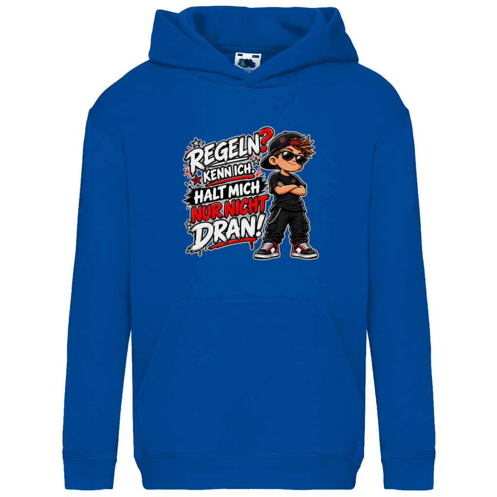 JA Regelbrecher – Kinder-Hoodie in Royalblau, Vorderansicht, Frontdruck: Cooler Kinderlook: „Regeln? Kenn ich. Halt mich nur nicht dran!“