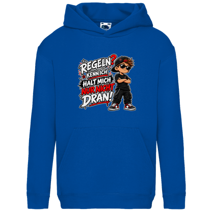 JA Regelbrecher – Kinder-Hoodie in Royalblau, Vorderansicht, Frontdruck: Cooler Kinderlook: „Regeln? Kenn ich. Halt mich nur nicht dran!“
