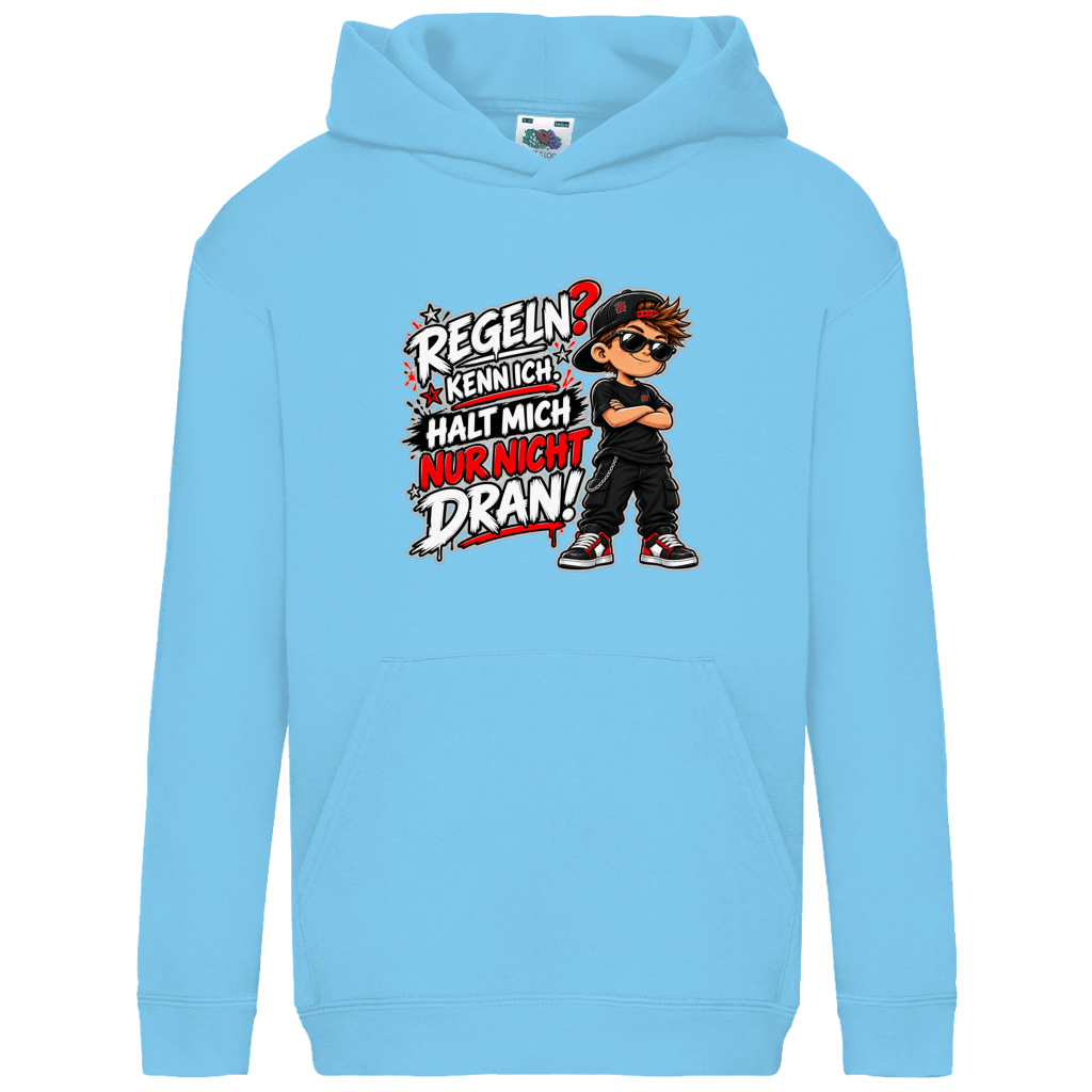 JA Regelbrecher – Kinder-Hoodie in Himmelblau, Vorderansicht, Frontdruck: Cooler Kinderlook: „Regeln? Kenn ich. Halt mich nur nicht dran!“