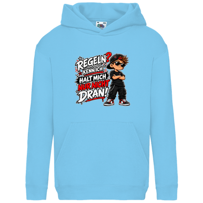 JA Regelbrecher – Kinder-Hoodie in Himmelblau, Vorderansicht, Frontdruck: Cooler Kinderlook: „Regeln? Kenn ich. Halt mich nur nicht dran!“