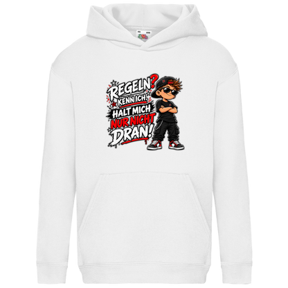 JA Regelbrecher – Kinder-Hoodie in Weiß, Vorderansicht, Frontdruck: Cooler Kinderlook: „Regeln? Kenn ich. Halt mich nur nicht dran!“