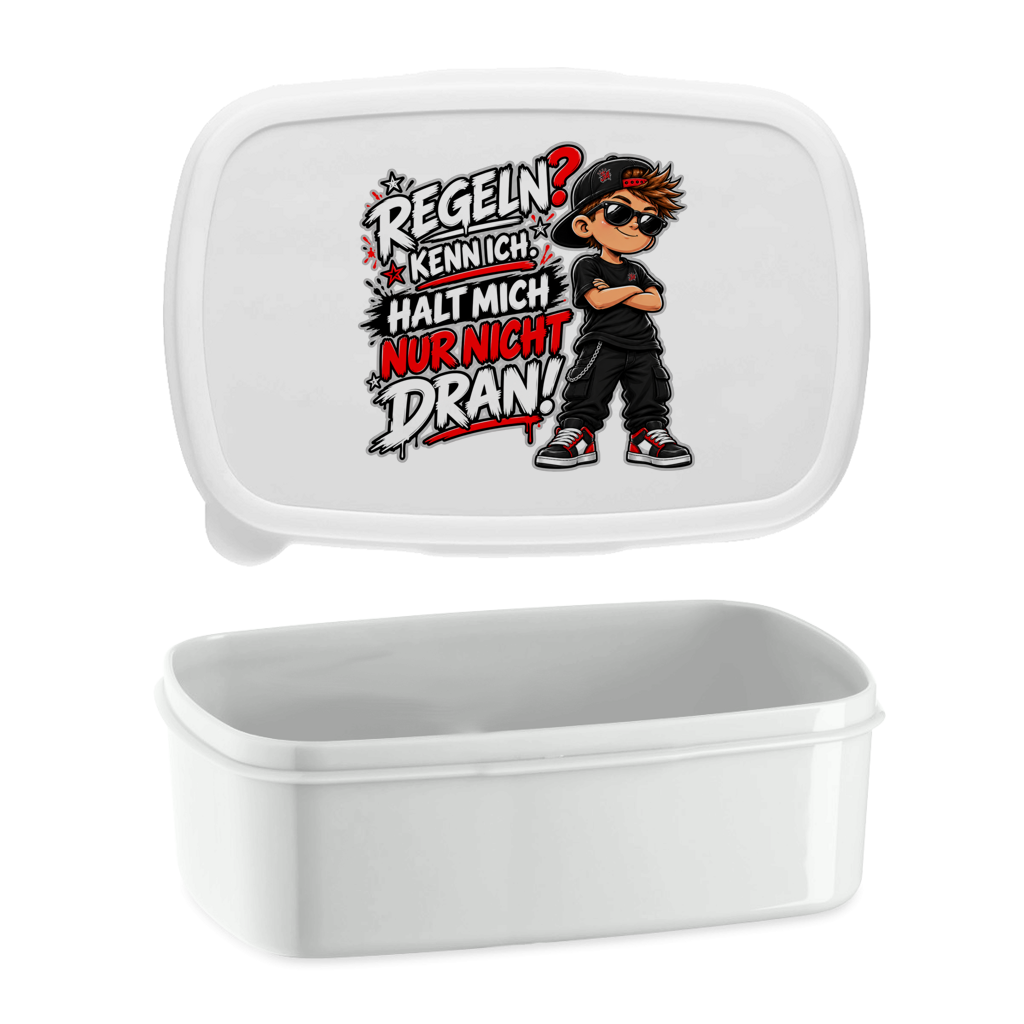 JA Regelbrecher – Lunchbox in Weiß, Aufdruck: Cooler Kinderlook: „Regeln? Kenn ich. Halt mich nur nicht dran!“