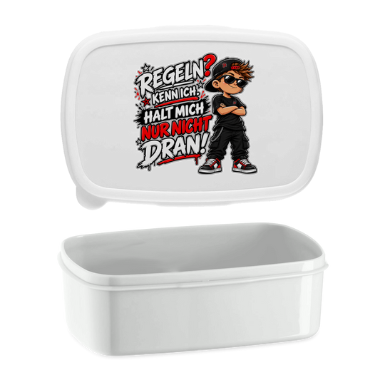 JA Regelbrecher – Lunchbox in Weiß, Aufdruck: Cooler Kinderlook: „Regeln? Kenn ich. Halt mich nur nicht dran!“