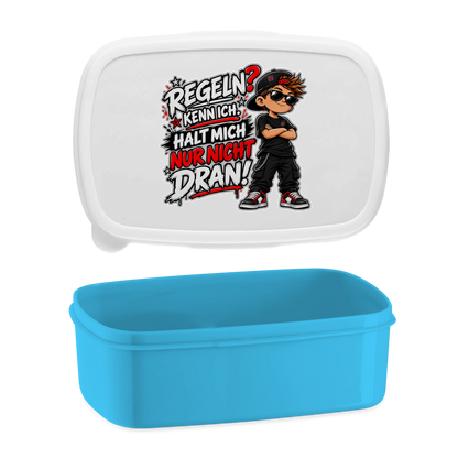 JA Regelbrecher – Lunchbox in Blau, Aufdruck: Cooler Kinderlook: „Regeln? Kenn ich. Halt mich nur nicht dran!“