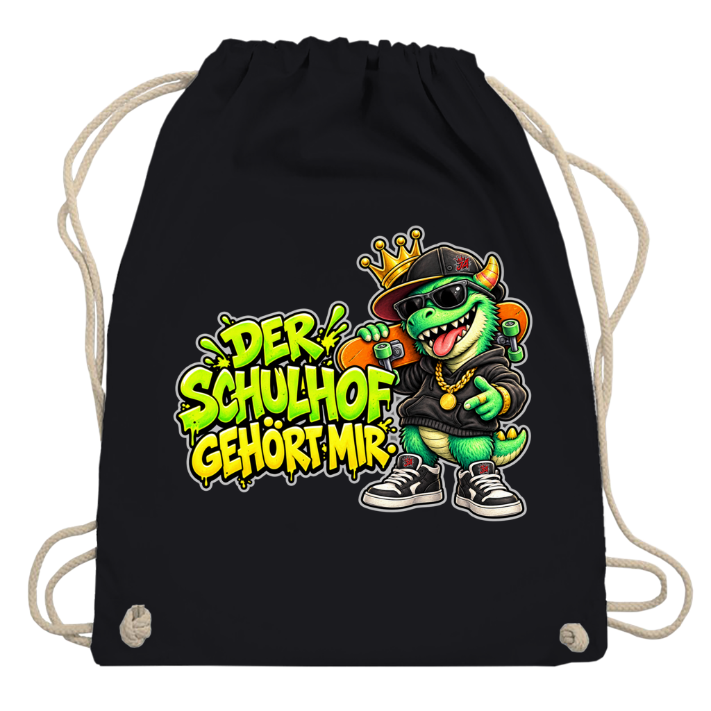 JA Pausenboss – Turnbeutel in Schwarz, Aufdruck: Skater-Dino mit Krone: „Der Schulhof gehört mir“ in Neongrün