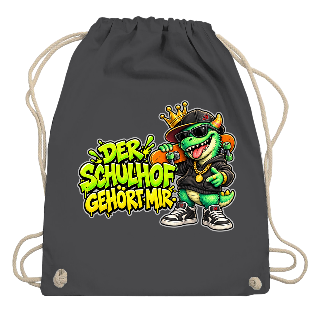 JA Pausenboss – Turnbeutel in Graphitgrau, Aufdruck: Skater-Dino mit Krone: „Der Schulhof gehört mir“ in Neongrün