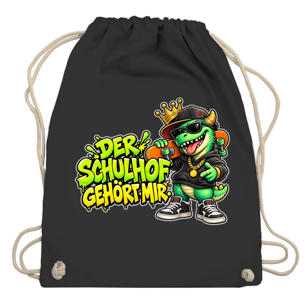 JA Pausenboss – Turnbeutel in Schwarz, Aufdruck: Skater-Dino mit Krone: „Der Schulhof gehört mir“ in Neongrün