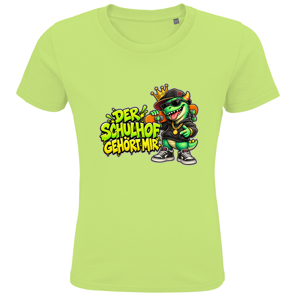 JA Pausenboss – Kinder-T-Shirt in Apfelgrün, Vorderansicht, Frontdruck: Skater-Dino mit Krone: „Der Schulhof gehört mir“ in Neongrün