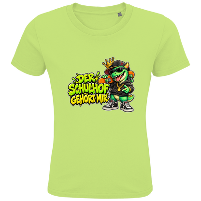JA Pausenboss – Kinder-T-Shirt in Apfelgrün, Vorderansicht, Frontdruck: Skater-Dino mit Krone: „Der Schulhof gehört mir“ in Neongrün