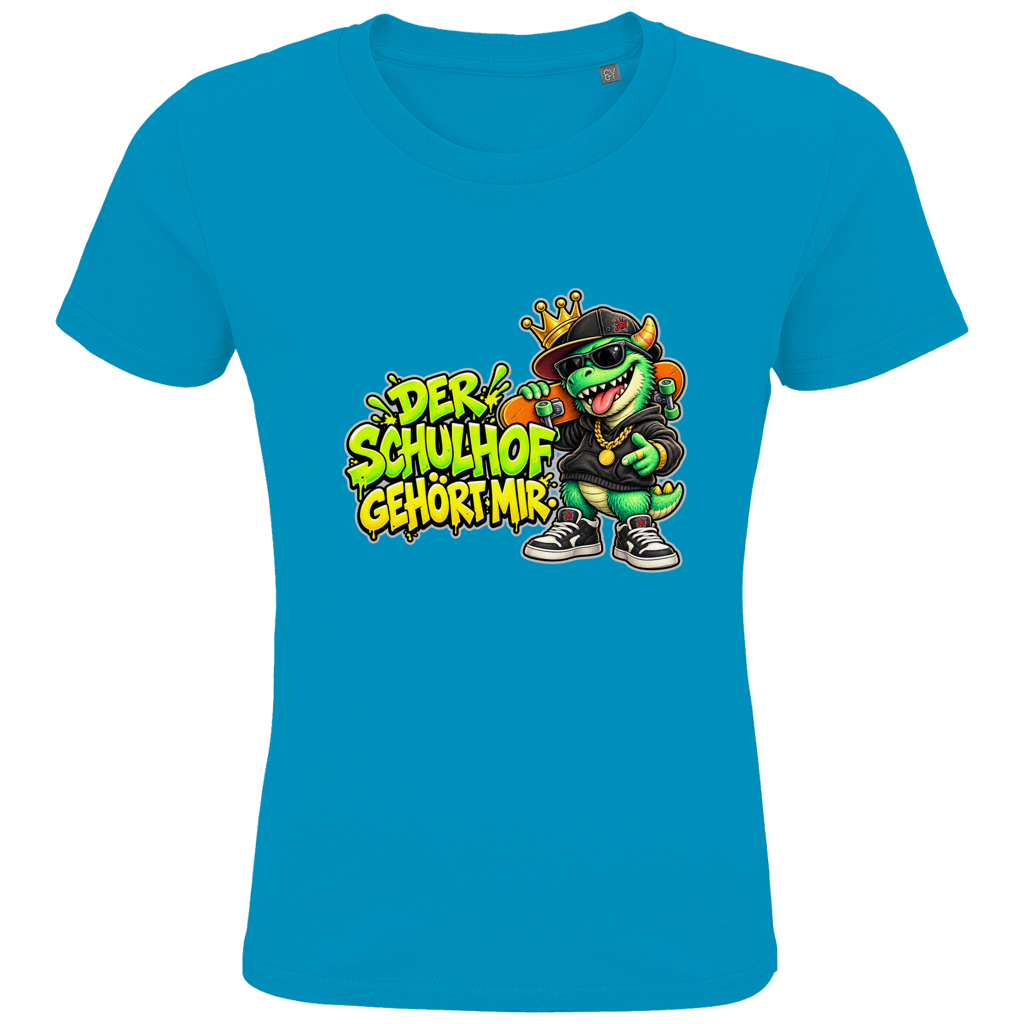 JA Pausenboss – Kinder-T-Shirt in Aqua, Vorderansicht, Frontdruck: Skater-Dino mit Krone: „Der Schulhof gehört mir“ in Neongrün