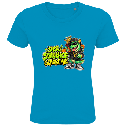 JA Pausenboss – Kinder-T-Shirt in Aqua, Vorderansicht, Frontdruck: Skater-Dino mit Krone: „Der Schulhof gehört mir“ in Neongrün