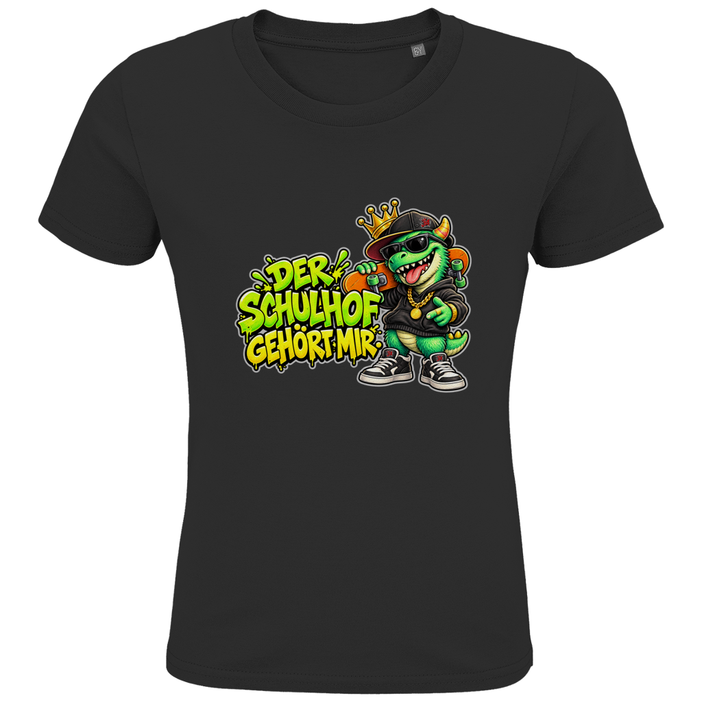 JA Pausenboss – Kinder-T-Shirt in Schwarz, Vorderansicht, Frontdruck: Skater-Dino mit Krone: „Der Schulhof gehört mir“ in Neongrün