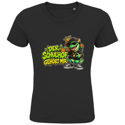 JA Pausenboss – Kinder-T-Shirt in Schwarz, Vorderansicht, Frontdruck: Skater-Dino mit Krone: „Der Schulhof gehört mir“ in Neongrün