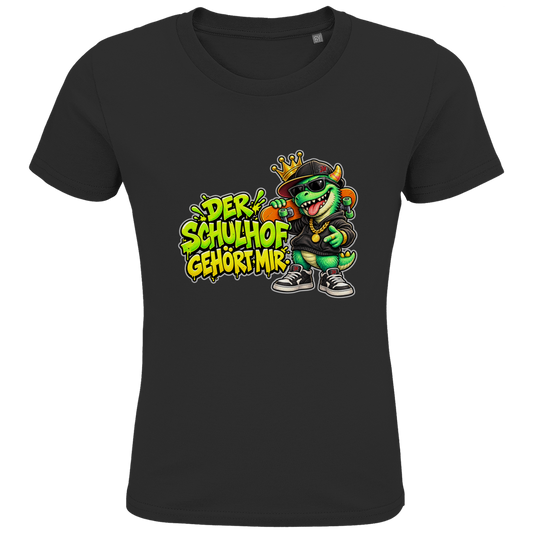 JA Pausenboss – Kinder-T-Shirt in Schwarz, Vorderansicht, Frontdruck: Skater-Dino mit Krone: „Der Schulhof gehört mir“ in Neongrün
