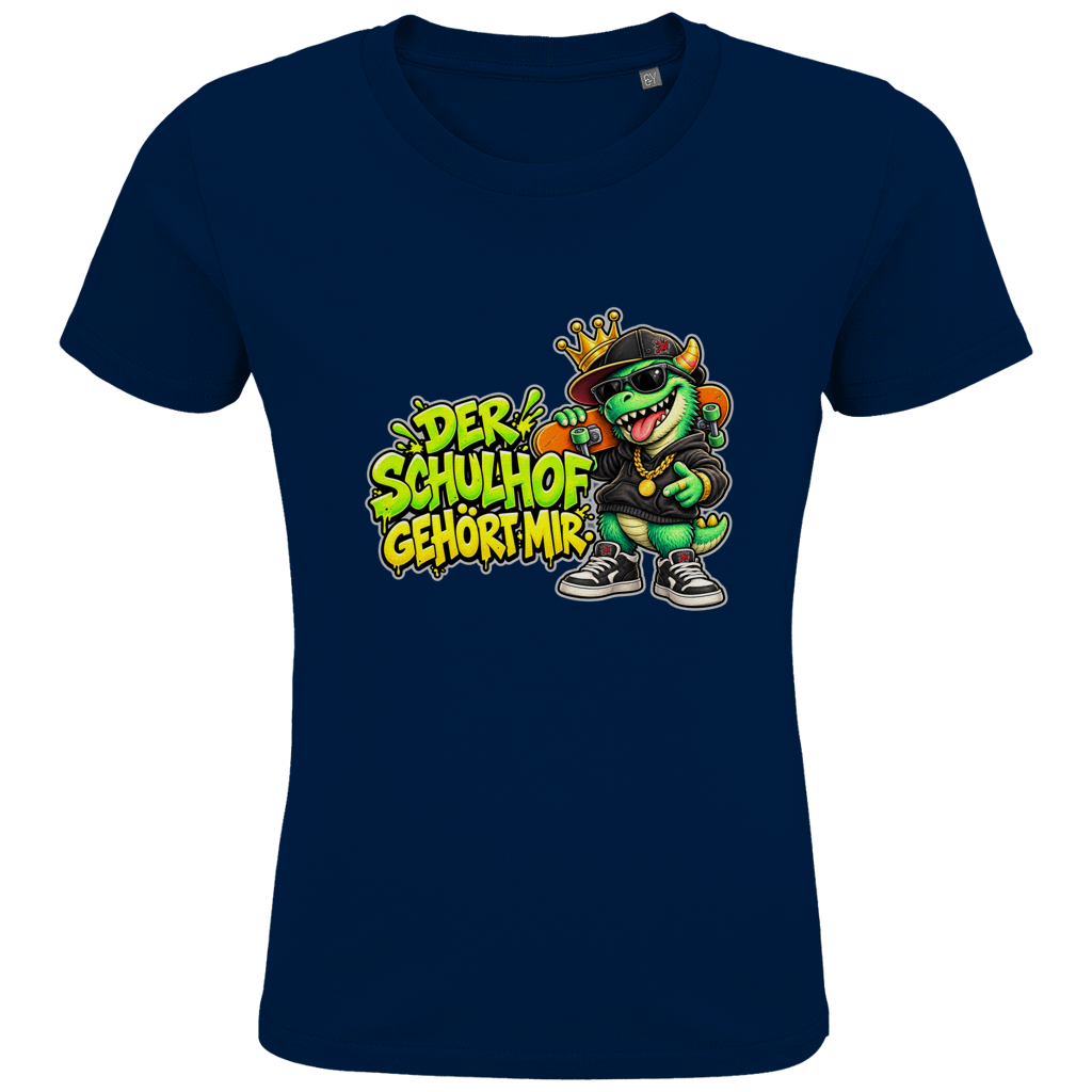 JA Pausenboss – Kinder-T-Shirt in Marineblau, Vorderansicht, Frontdruck: Skater-Dino mit Krone: „Der Schulhof gehört mir“ in Neongrün