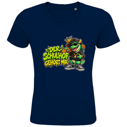 JA Pausenboss – Kinder-T-Shirt in Marineblau, Vorderansicht, Frontdruck: Skater-Dino mit Krone: „Der Schulhof gehört mir“ in Neongrün