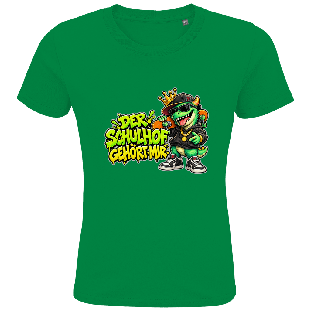 JA Pausenboss – Kinder-T-Shirt in Kellygrün, Vorderansicht, Frontdruck: Skater-Dino mit Krone: „Der Schulhof gehört mir“ in Neongrün