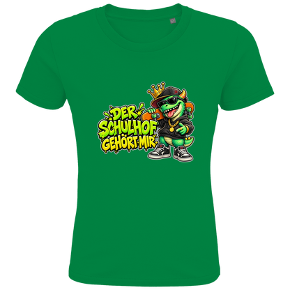 JA Pausenboss – Kinder-T-Shirt in Kellygrün, Vorderansicht, Frontdruck: Skater-Dino mit Krone: „Der Schulhof gehört mir“ in Neongrün