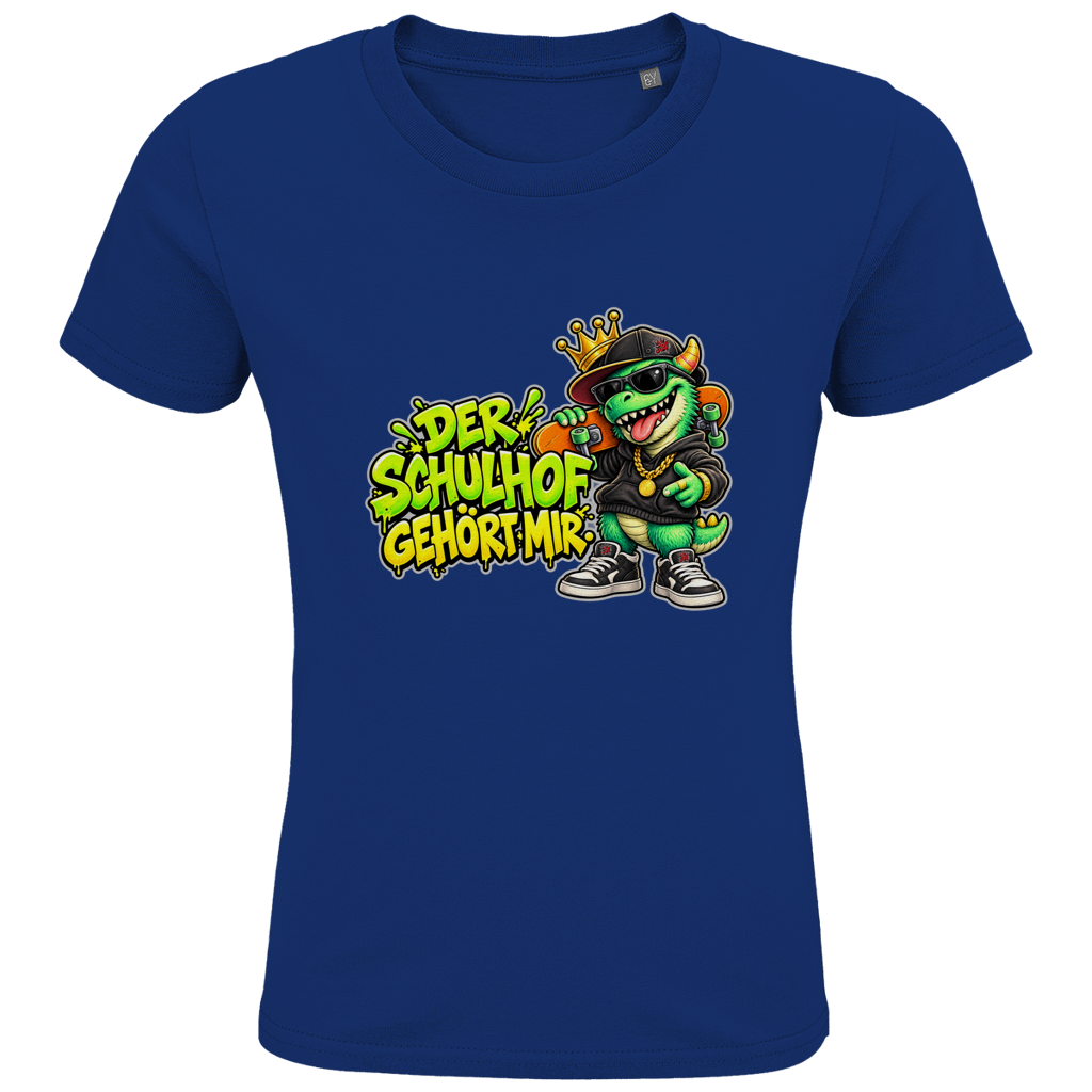 JA Pausenboss – Kinder-T-Shirt in Royalblau, Vorderansicht, Frontdruck: Skater-Dino mit Krone: „Der Schulhof gehört mir“ in Neongrün
