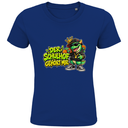 JA Pausenboss – Kinder-T-Shirt in Royalblau, Vorderansicht, Frontdruck: Skater-Dino mit Krone: „Der Schulhof gehört mir“ in Neongrün