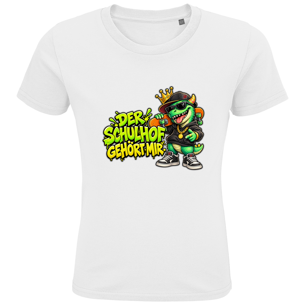 JA Pausenboss – Kinder-T-Shirt in Weiß, Vorderansicht, Frontdruck: Skater-Dino mit Krone: „Der Schulhof gehört mir“ in Neongrün