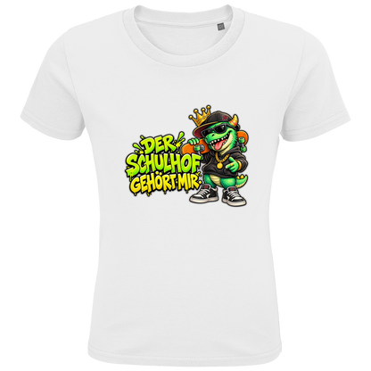 JA Pausenboss – Kinder-T-Shirt in Weiß, Vorderansicht, Frontdruck: Skater-Dino mit Krone: „Der Schulhof gehört mir“ in Neongrün