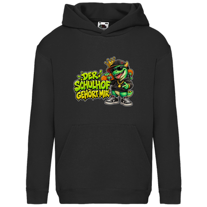 JA Pausenboss – Kinder-Hoodie in Schwarz, Vorderansicht, Frontdruck: Skater-Dino mit Krone: „Der Schulhof gehört mir“ in Neongrün