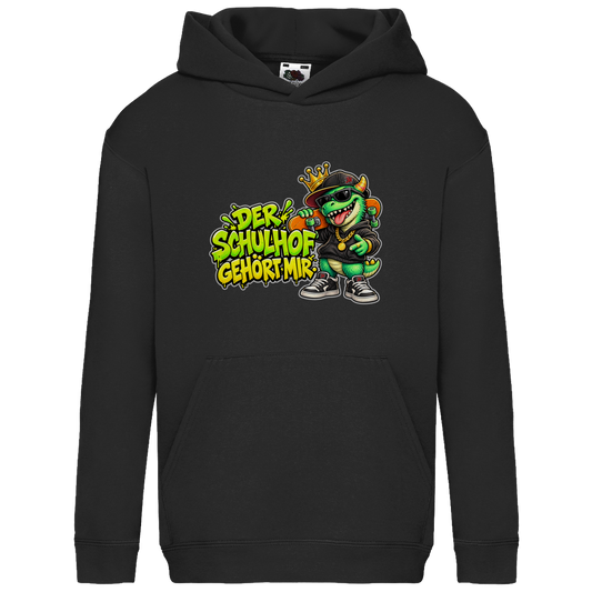 JA Pausenboss – Kinder-Hoodie in Schwarz, Vorderansicht, Frontdruck: Skater-Dino mit Krone: „Der Schulhof gehört mir“ in Neongrün