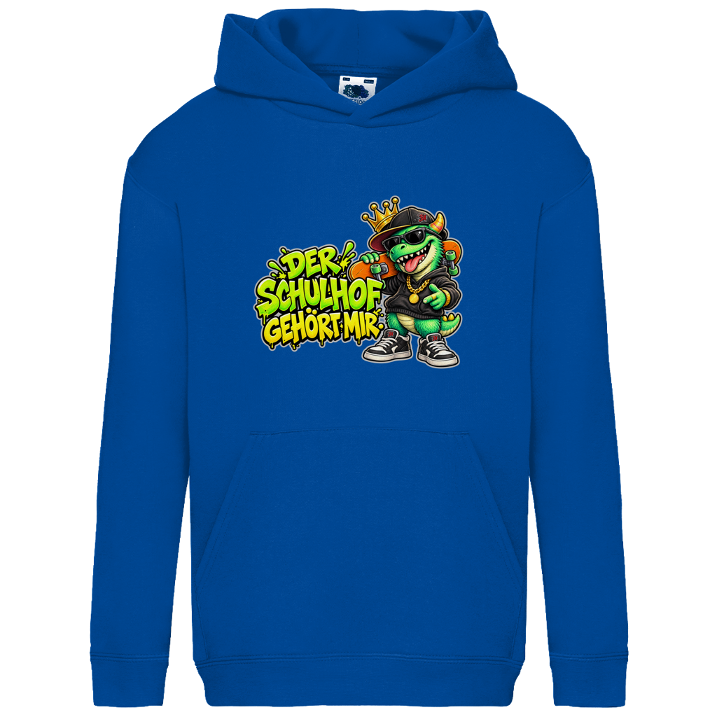 JA Pausenboss – Kinder-Hoodie in Royalblau, Vorderansicht, Frontdruck: Skater-Dino mit Krone: „Der Schulhof gehört mir“ in Neongrün