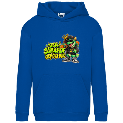 JA Pausenboss – Kinder-Hoodie in Royalblau, Vorderansicht, Frontdruck: Skater-Dino mit Krone: „Der Schulhof gehört mir“ in Neongrün