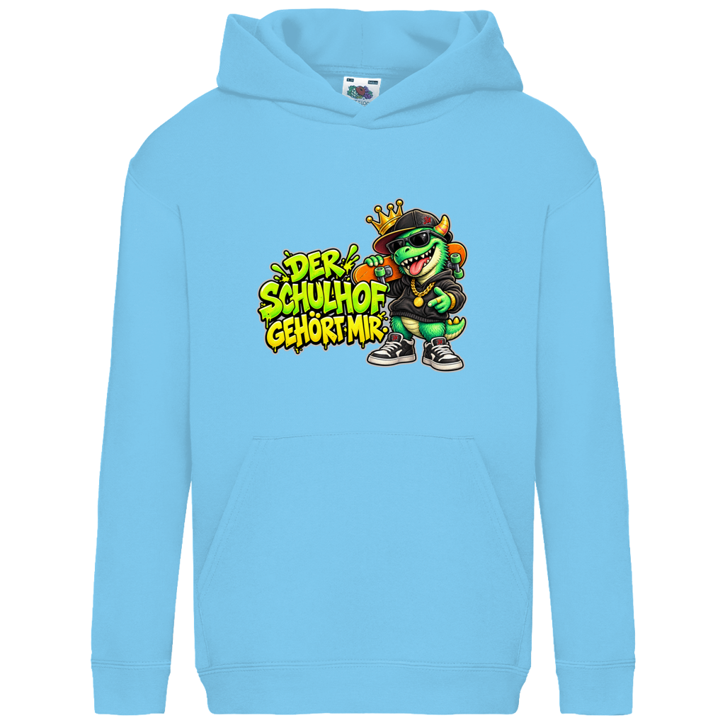 JA Pausenboss – Kinder-Hoodie in Himmelblau, Vorderansicht, Frontdruck: Skater-Dino mit Krone: „Der Schulhof gehört mir“ in Neongrün
