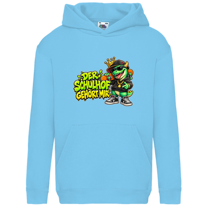 JA Pausenboss – Kinder-Hoodie in Himmelblau, Vorderansicht, Frontdruck: Skater-Dino mit Krone: „Der Schulhof gehört mir“ in Neongrün