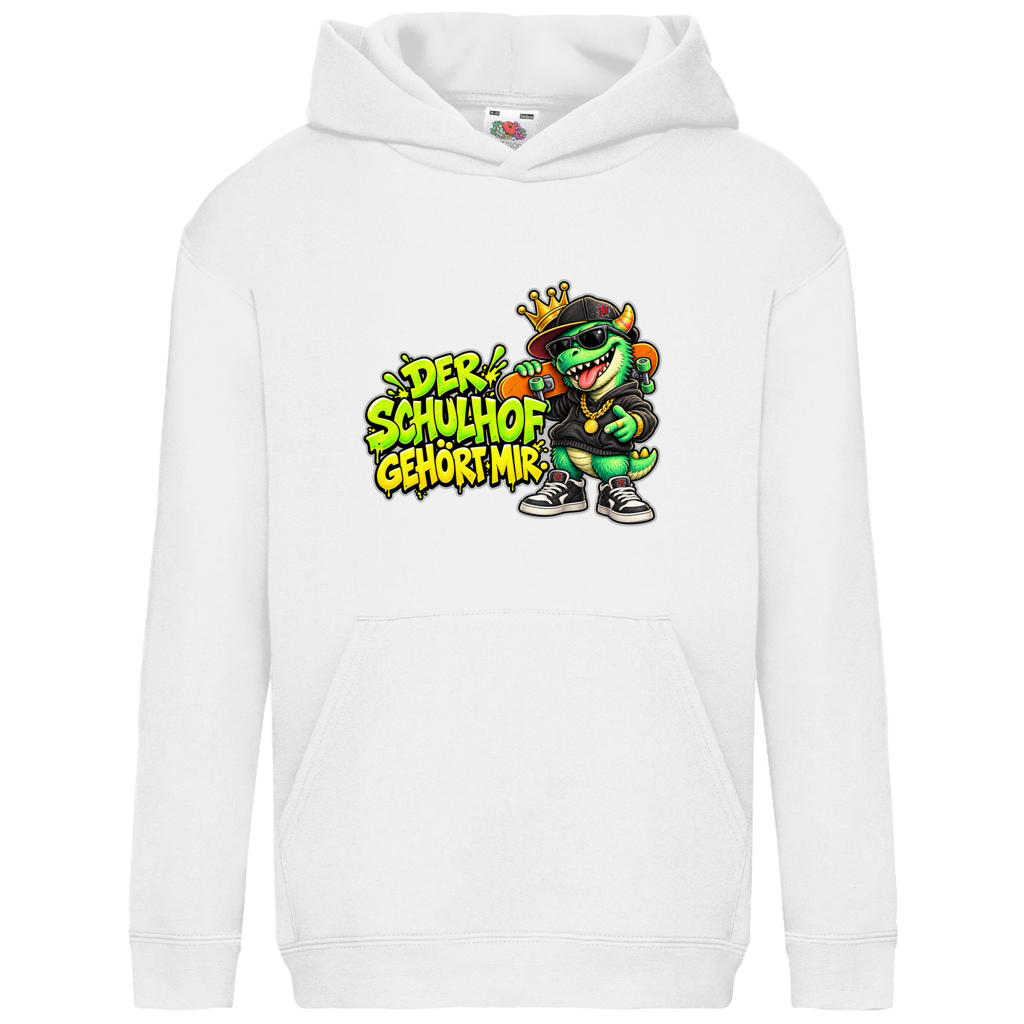 JA Pausenboss – Kinder-Hoodie in Weiß, Vorderansicht, Frontdruck: Skater-Dino mit Krone: „Der Schulhof gehört mir“ in Neongrün