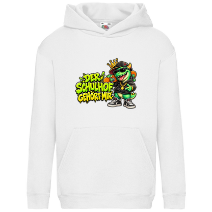JA Pausenboss – Kinder-Hoodie in Weiß, Vorderansicht, Frontdruck: Skater-Dino mit Krone: „Der Schulhof gehört mir“ in Neongrün