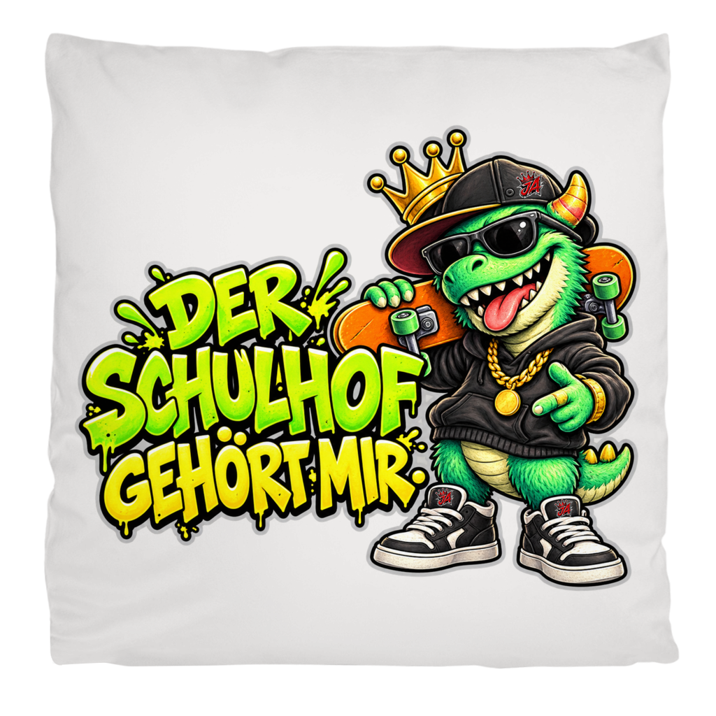 JA Pausenboss – Flauschkissen in Cremeweiß, Aufdruck: Skater-Dino mit Krone: „Der Schulhof gehört mir“ in Neongrün