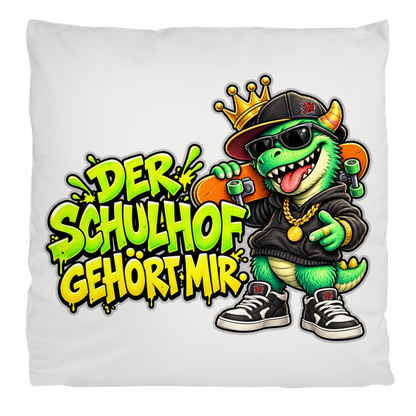 JA Pausenboss – Flauschkissen in Cremeweiß, Aufdruck: Skater-Dino mit Krone: „Der Schulhof gehört mir“ in Neongrün