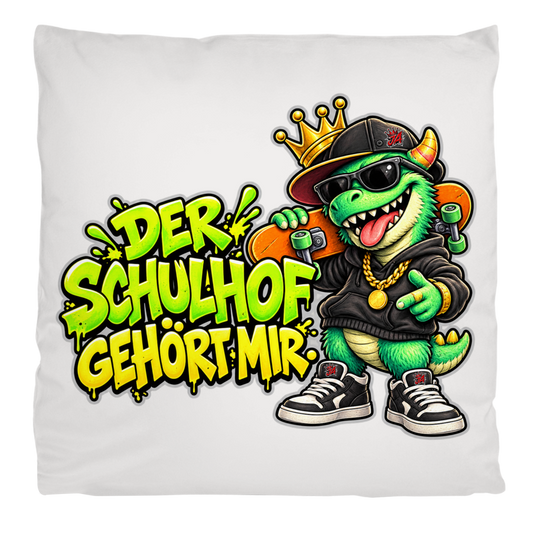 JA Pausenboss – Flauschkissen in Cremeweiß, Aufdruck: Skater-Dino mit Krone: „Der Schulhof gehört mir“ in Neongrün