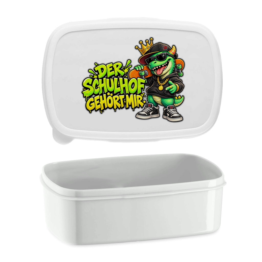 JA Pausenboss – Lunchbox in Weiß, Aufdruck: Skater-Dino mit Krone: „Der Schulhof gehört mir“ in Neongrün