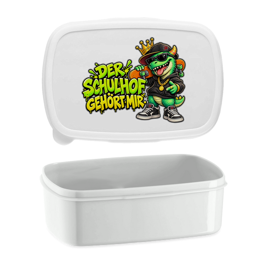 JA Pausenboss – Lunchbox in Weiß, Aufdruck: Skater-Dino mit Krone: „Der Schulhof gehört mir“ in Neongrün