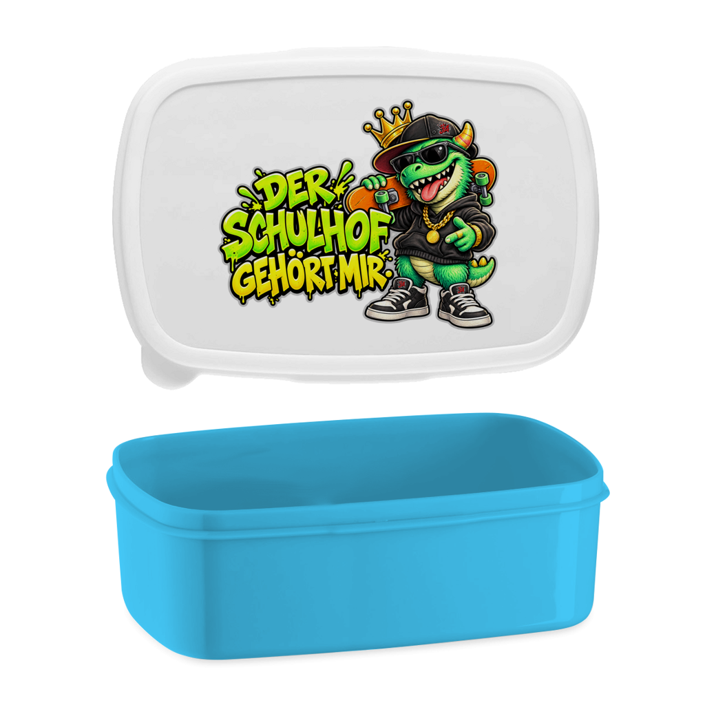 JA Pausenboss – Lunchbox in Blau, Aufdruck: Skater-Dino mit Krone: „Der Schulhof gehört mir“ in Neongrün