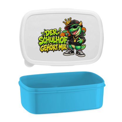 JA Pausenboss – Lunchbox in Blau, Aufdruck: Skater-Dino mit Krone: „Der Schulhof gehört mir“ in Neongrün
