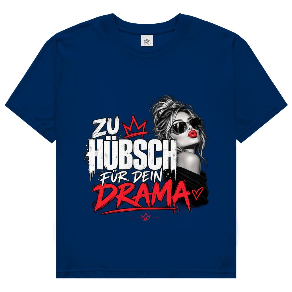JA Zu hübsch für dein Drama – Damen-T-Shirt in Marineblau, Vorderansicht, Frontdruck: Frau mit Sonnenbrille und rotem Kussmund: „Zu hübsch für dein Drama“