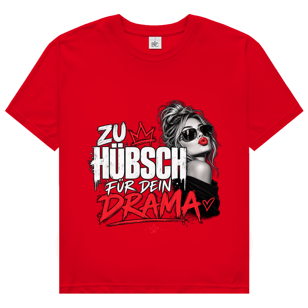 JA Zu hübsch für dein Drama – Damen-T-Shirt in Rot, Vorderansicht, Frontdruck: Frau mit Sonnenbrille und rotem Kussmund: „Zu hübsch für dein Drama“