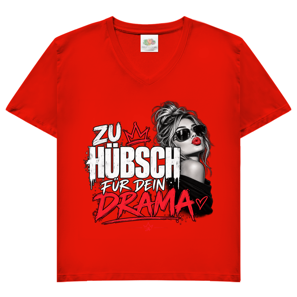 JA Zu hübsch für dein Drama – Damen-V-Neck-Shirt in Rot, Vorderansicht, Frontdruck: Frau mit Sonnenbrille und rotem Kussmund: „Zu hübsch für dein Drama“