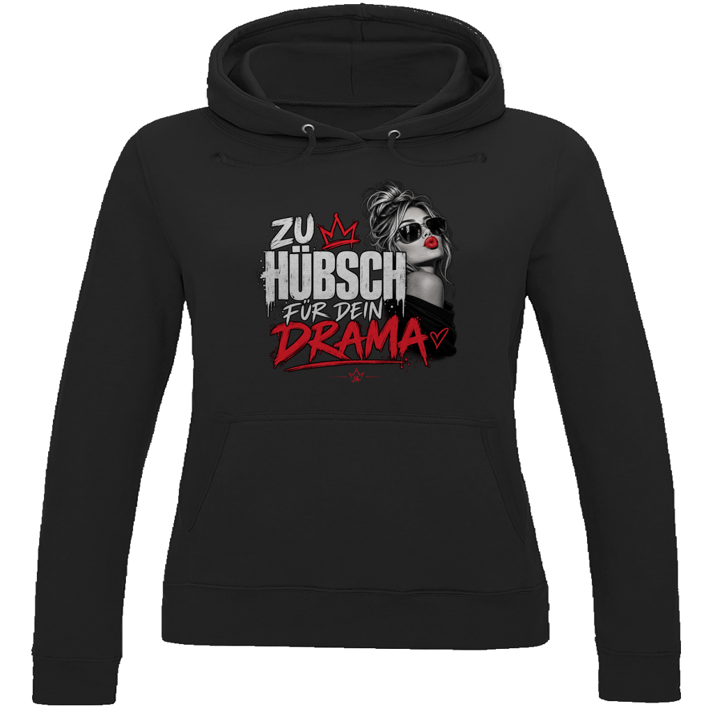 JA Zu hübsch für dein Drama – Damen-Hoodie in Tiefschwarz, Vorderansicht, Frontdruck: Frau mit Sonnenbrille und rotem Kussmund: „Zu hübsch für dein Drama“