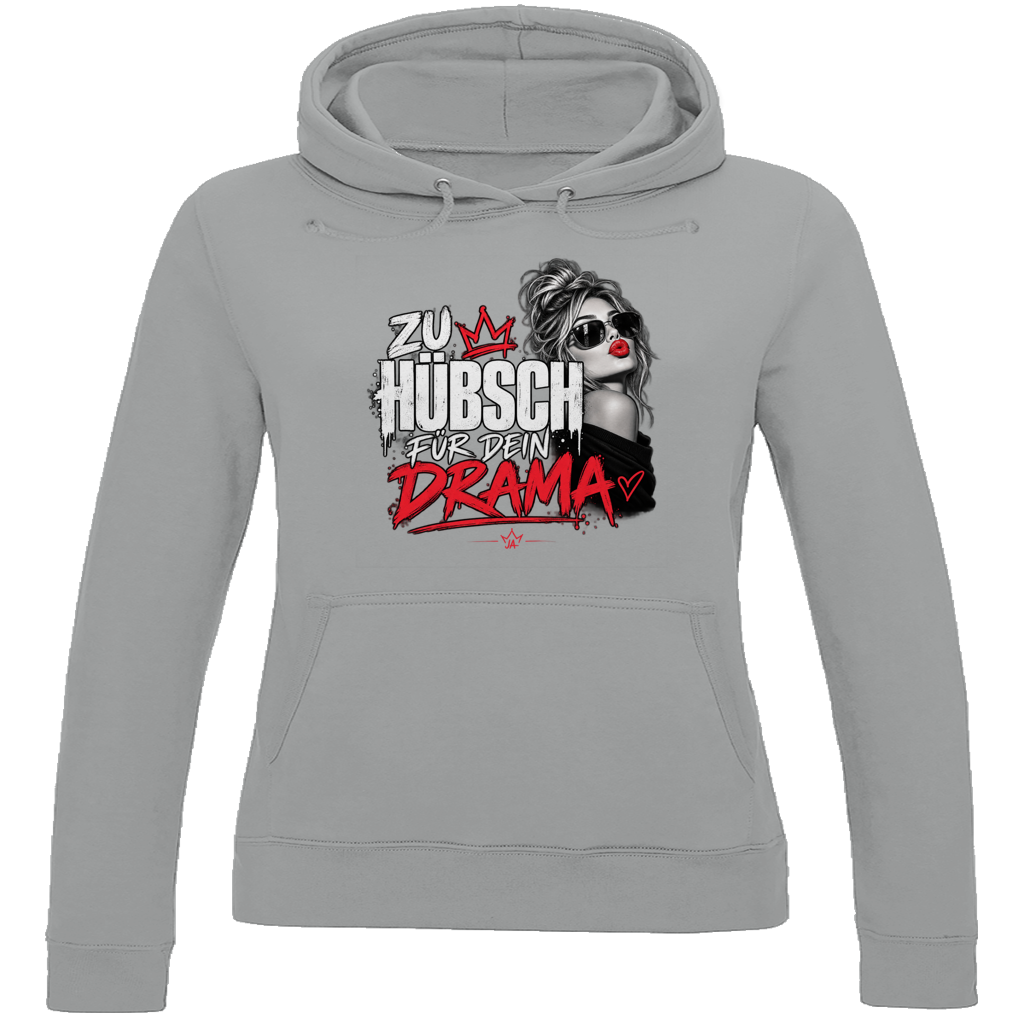 JA Zu hübsch für dein Drama – Damen-Hoodie in Grau meliert, Vorderansicht, Frontdruck: Frau mit Sonnenbrille und rotem Kussmund: „Zu hübsch für dein Drama“