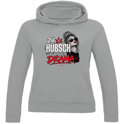 JA Zu hübsch für dein Drama – Damen-Hoodie in Grau meliert, Vorderansicht, Frontdruck: Frau mit Sonnenbrille und rotem Kussmund: „Zu hübsch für dein Drama“