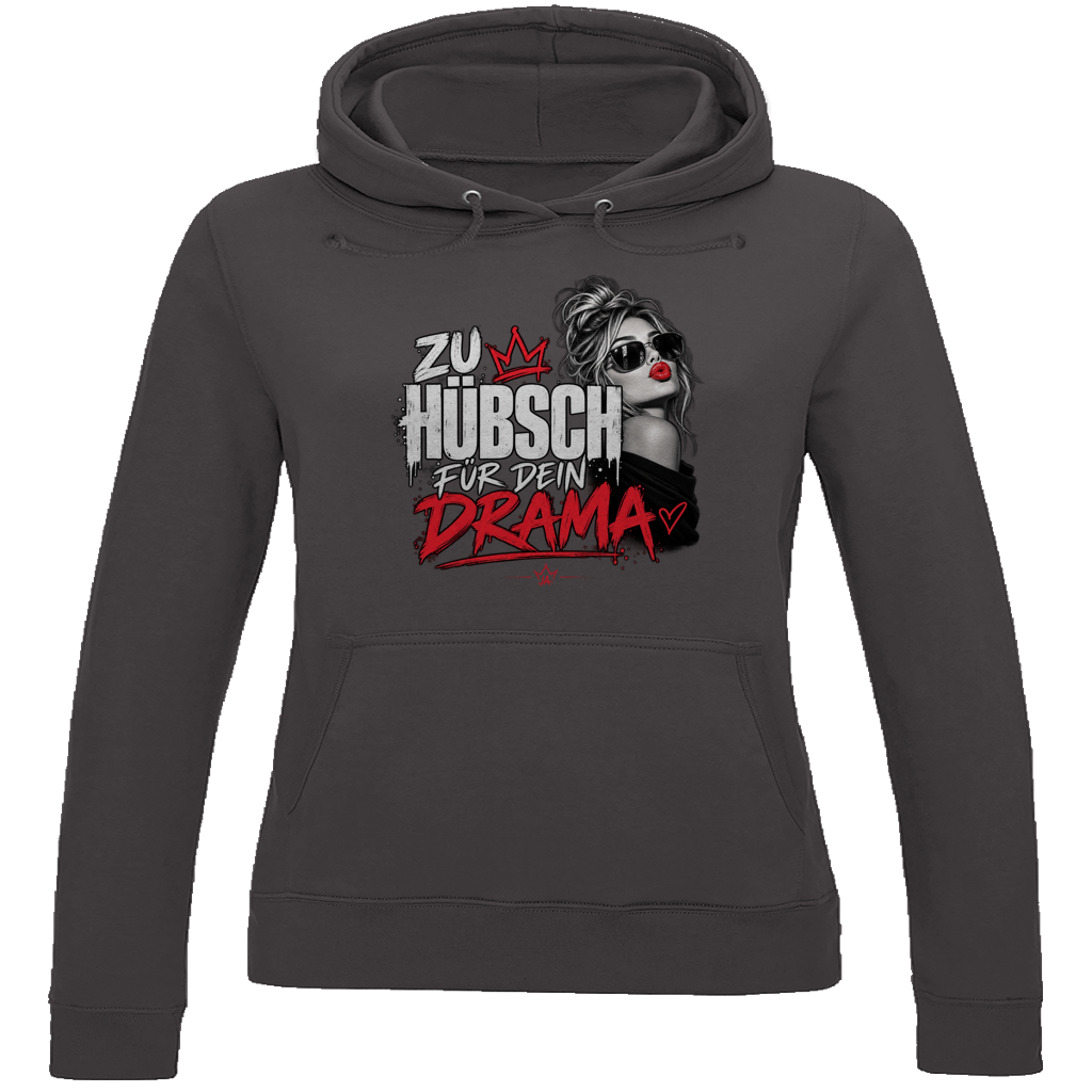 JA Zu hübsch für dein Drama – Damen-Hoodie in Anthrazit meliert, Vorderansicht, Frontdruck: Frau mit Sonnenbrille und rotem Kussmund: „Zu hübsch für dein Drama“