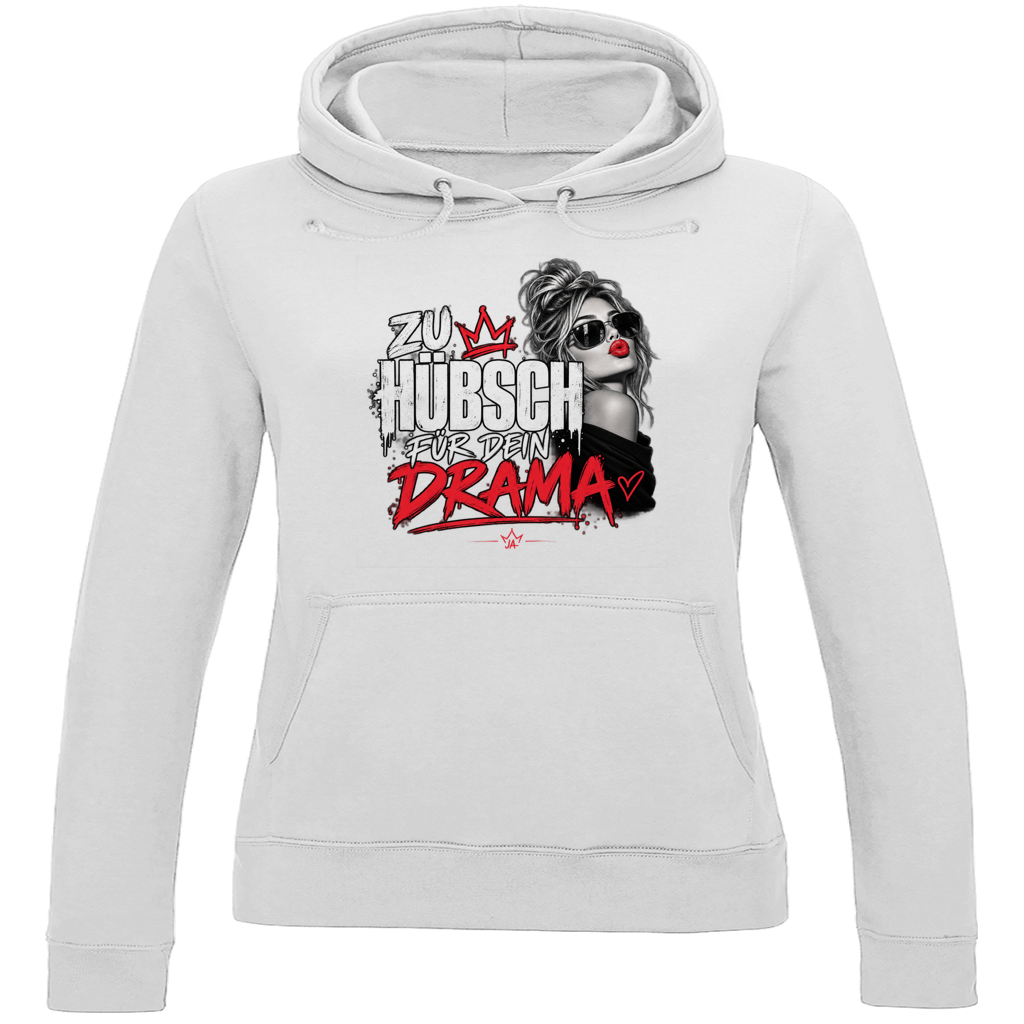 JA Zu hübsch für dein Drama – Damen-Hoodie in Arktisweiß, Vorderansicht, Frontdruck: Frau mit Sonnenbrille und rotem Kussmund: „Zu hübsch für dein Drama“